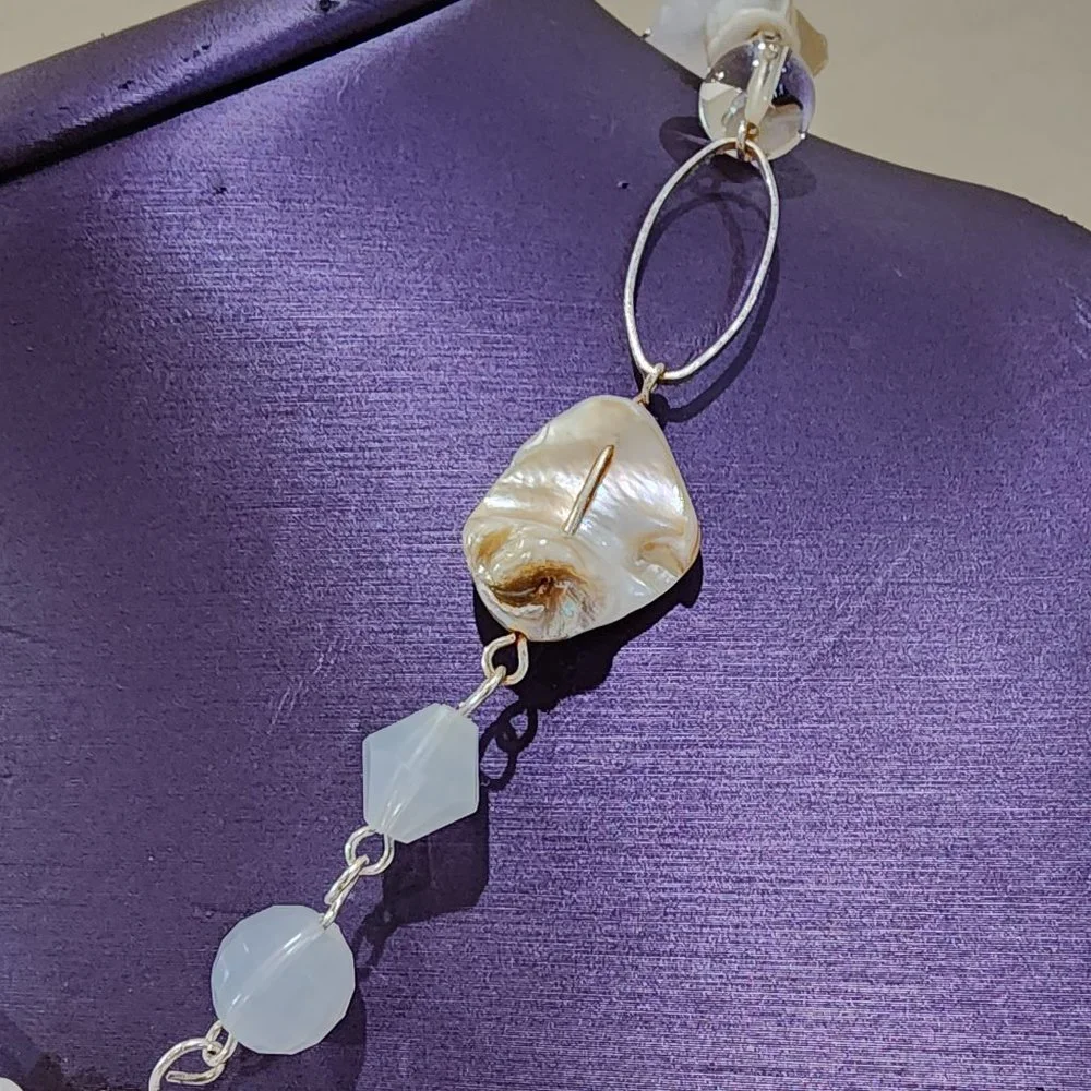 Abalone Shell Clear Glass Bead and White Bead Y Lariat Style Gold Necklace